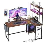 GarveeHome Bureau d'angle avec éclairage LED, Prise intégrée et tiroir en Tissu | Bureau de Bureau et de Jeu en Forme de L en Panneau de Particules et Tube d'acier