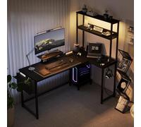 GarveeHome Bureau d'ordinateur d'angle en Forme de L avec tiroir, Prise de Courant et LED - Station de Travail Moderne Peu encombrante - Panneau de Particules Robuste et Cadre en métal - Assemblage