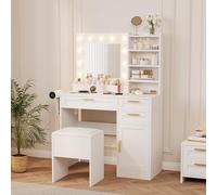 GarveeHome Coiffeuse avec miroir et lumières, ensemble de coiffeuse avec tiroirs, armoire et chaise, 3 modes d'éclairage, luminosité réglable et prise de courant, coiffeuse avec support de