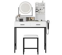 GarveeHome Coiffeuse avec Miroir LED Réglable et Tabouret, 2 Tiroirs, 5 Compartiments, Table de Maquillage, Blanc/Noir-80P x 40l x 138H