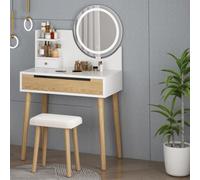 GarveeHome Coiffeuse Blanche européenne avec Miroir Rond - Table de Maquillage compacte, USB-climatisation, 2 Prises, 1 tiroir, 2 étagères réglables, Tabouret Inclus