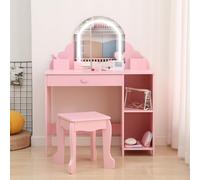 GarveeHome Coiffeuse Enfant avec Miroir LED - Table de Maquillage et Bureau Multifonction - Tiroir, étagères, Tabouret, Accessoires - Rose (avec Accessoires)