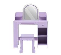 GarveeHome Coiffeuse Enfant Fille avec Miroir LED Tactile, Table et Chaise Princesse en Bois, 1 tiroir, étagères Ouvertes et bibliothèque, Violet avec Accessoires