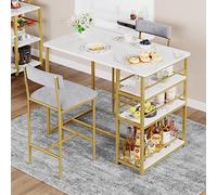 GarveeHome Design Compact - Ensemble Table Haute de Cuisine 3 pièces avec étagères - 2 chaises rembourrées Velours - pour Petit Espace, Appartement -Golden Marble + Doux Gray, 1+2 Set