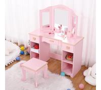 GarveeHome Ensemble Coiffeuse et Tabouret pour Enfants - Bureau Vanité Rose avec Miroir Triplet, 3 Tiroirs et 4 Étagères de Rangement - Table de Maquillage Fille pour Chambre ou Salle de Jeux