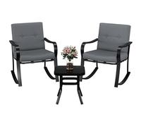 GarveeHome Ensemble de bistrot d'extérieur 3 pièces : 2 chaises à Bascule avec Coussins Gris Chaud et Table en Verre, Ensemble de Meubles de Jardin pour Jardin, terrasse, Piscine et Balcon (Gris)