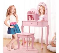 GarveeHome Ensemble de Coiffeuse pour Fille avec lumière et Miroir, Table de Maquillage et Tabouret pour Enfants, Ensemble de Jeu en Bois pour 4 à 9 Ans, Rose