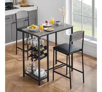 GarveeHome Ensemble Table à Manger 2 Personnes avec Rangement & Porte-Bouteilles - Table Compacte + 2 Chaises Simili Cuir - Structure Métal Gain De Place -Gris