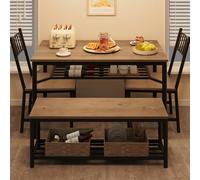 GarveeHome Ensemble table de salle à manger pour 4 personnes, table de cuisine et chaises pour 4 personnes avec casier à vin, table de salle à manger avec bancs de rangement, table de cuisine