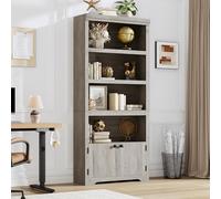 GarveeHome Étagère bibliothèque 5 Niveaux 175 cm Style Ferme avec 2 Portes, Grand capacité, système Anti-basculement - étagères réglables - Noir embossé, poignées Noires, Largeur 80 cm