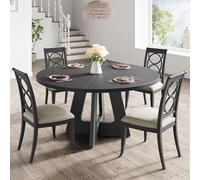 GarveeHome Farmhouse Round Dining Table 47-inch for 4-6 People - Sturdy Pedestal Base - Space-Saving Large Kitchen & Dining Room Table - Black Fine Linen Finish (No Chairs)