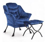 GarveeHome Fauteuil de Salon Confortable avec Repose-Pieds - Chaise de Lecture Moderne rembourrée, accoudoirs incurvés, Poche latérale, Coussin Amovible - Capacité 180 kg - Velours Bleu hollandais