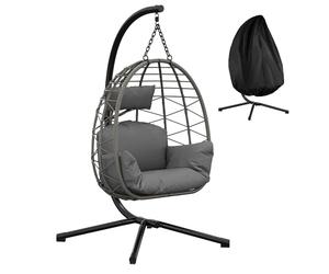 GarveeHome Fauteuil Suspendu Aria Rotin Synthétique - Chaise Balancelle avec Coussin Épais, Hauteur Réglable, Intérieur Extérieur Jardin Balcon Salon (Gris, X-Large)