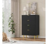 GarveeHome Grand capacité de Rangement - Table de Chevet Moderne 4 tiroirs - Façade cannelée, poignées dorées, Pieds métal - Style Contemporain élégant - Idéale Chambre/Salon - Couleur : Noir, Taille