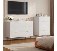 GarveeHome Grand capacité et style ondulé - Table de chevet moderne 4 tiroirs - Façade cannelée, poignées dorées, pieds métal - Rangement chambre/salon - Couleur : blanc chaud, Taille : quatre tiroirs