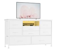 GarveeHome Grand Commode TV 8 tiroirs avec Prise électrique et éclairage LED - Rangement spacieux Chambre ou Salon - Plateau en Bois Solide