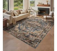 GarveeHome Grand tapis vintage lavable en machine pour salon, chambre à coucher, chambre à coucher, résistant aux taches, bleu et marron, 2,4 x 25,4 cm