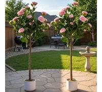 GarveeHome Lot de 2 camélias artificiels (75/85/90/110/120 cm), camélia Artificiel avec 16/20/24 Fleurs, Plante Artificielle en Pot pour la Maison, la Porte d'entrée, l'intérieur et l'extérieur