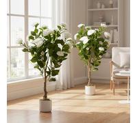GarveeHome Lot de 2 camélias artificiels (75/85/90/110/120 cm), camélia Artificiel avec 16/20/24 Fleurs, Plante Artificielle en Pot pour la Maison, la Porte d'entrée, l'intérieur et l'extérieur