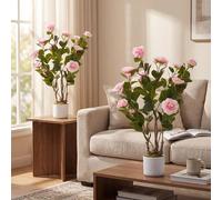 GarveeHome Lot de 2 camélias artificiels (75/85/90/110/120 cm), camélia Artificiel avec 16/20/24 Fleurs, Plante Artificielle en Pot pour la Maison, la Porte d'entrée, l'intérieur et l'extérieur