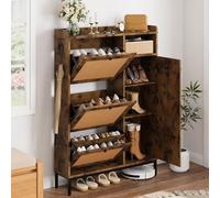GarveeHome Meuble à chaussures en rotin avec 3 tiroirs rabattables et 4 niveaux, organiseur de chaussures autonome avec étagères réglables pour entrée, placard, couloir (marron neuf)