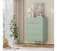 GarveeHome Organisation optimale - Table de chevet moderne 4 tiroirs - Façade cannelée, poignées dorées, pieds métal - Finition vert olive, design ondulé - Chambre/salon - Couleur : vert olive, Taille