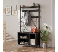 GarveeHome Porte-Manteau Avec Banc, Porte-Manteau Industriel, Rangement Pour Chaussures, Organiseur d'Entrée Avec Casiers De Rangement Pour Vestiaire,177.5 x 35 x92Cm-noir
