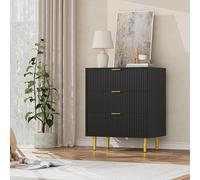 GarveeHome Rangement élégant et Compact - Table de Chevet Moderne 3 tiroirs - Façade cannelée, poignées/Pieds dorés, Design ondulé - Chambre/Salon - Couleur : Noir, Taille : Trois tiroirs