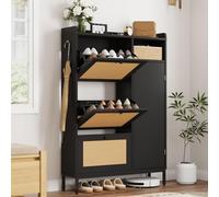 GarveeHome Rattan Shoe Cabinet - 3 Turn Over-Style Drawers, 4-Tier Adjustable Storage, Rattan Doors - Narrow Freestanding Shoe Organizer for Entryway, Closet, Hallway - 50 Pairs, Black