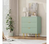 GarveeHome Structure Robuste Panneau épais - Table de Chevet Moderne 3 tiroirs - Façade cannelée, poignées/Pieds dorés, Design ondulé - Rangement Pratique Chambre/Salon - Couleur : Vert Olive, Taille