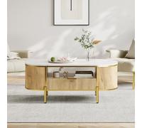 GarveeHome Table Basse Ovale en Bois,Table de Salon avec étagère De Rangement,tiroirs,Faux marbre Plateau,Pieds en Metal,Table de canapé Moderne pour Salon,Petit Espace,Appartement,Bureau(Naturel)