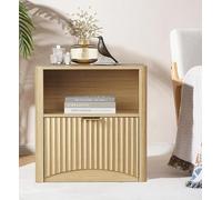 GarveeHome Table Chevet Mid-Century Chêne Tiroir Étagère Prise USB Dorée | Imperméable, design élégant, pour chambre/salon/bureau, montage facile, entretien aisé, stable et durable