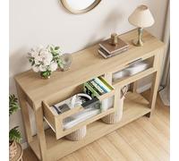GarveeHome Table Console d’entrée Design Rustique - Bois Massif avec 2 tiroirs en Verre - 2 Niveaux, étagère de Rangement Pratique - Idéale pour Salon, Couloir ou derrière canapé - Couleur Bois