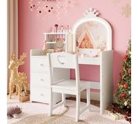 GarveeLife 2 en 1 Coiffeuse Et Bureau pour Enfants avec Chaise, Table De Maquillage Fille avec Miroir LED & Casier, Coiffeuse en Bois avec Tiroir & Étagère, 3+ Ans
