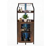GarveeLife Armoire à Vin d'angle avec Prise électrique,Meuble Bar Industriel à 5 étagères avec Porte-Verres Et éclairage LED, étagère De Rangement pour Bouteilles De Vin pour Cuisine Et Le Salon