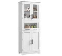 GarveeLife Armoire De Salle De Bain Vintage - 170 cm - Colonne étroite - 5 Compartiments - Portes Vitrées - étagères Ajustables - Tiroir - Meuble Indépendant en MDF Anti-Humidité