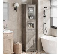 GarveeLife Armoire De Salle De Bain Vintage - 170 cm - Colonne étroite - 5 Compartiments - Portes Vitrées - étagères Ajustables - Tiroir - Meuble Indépendant en MDF Anti-Humidité