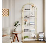 GarveeLife Bibliothèque Arquée à 5 Niveaux, 60x28x180cm, Bibliothèque Arquée Industrielle Incurvée avec étagères Ouvertes pour La Maison, Le Bureau, Le Salon, La Chambre à Coucher, doré