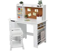 GarveeLife Bureau pour Enfant en Bois avec Chaise, Table d'apprentissage Multifonction avec étagères et Espace de Rangement, 92x46x102, Blanc