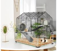 GarveeLife Cage Hamster 3 Niveaux 58x38x54cm Fond Verre Trempe Noir | Roue silencieuse, maisonnette, gamelle+biberon anti-morsure, nettoyage facile, solide, antidérapant