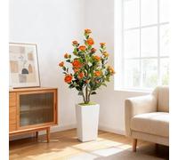GarveeLife Camélia Artificiel avec Pot Blanc - 120 cm - Grand Arbre Artificiel en Pot avec Feuilles et Fleurs réglables - Décoration d'intérieur pour Maison, Mariage, fête, Jardin - Orange