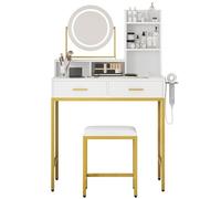 GarveeLife Coiffeuse avec Miroir LED Et Tabouret, 5 Rangements, Table De Maquillage avec Station De Chargement Et Rayons d'Entreposage (2 Tiroirs - Miroir Rond LED, Doré)