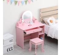 GarveeLife Coiffeuse Enfants Fille avec Tabouret&Lumières LED,Bureau Enfants 3+Ans avec Miroir,Table De Maquillage Princesse avec 1 Tiroir, Blanc avec Accessoirs