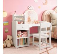GarveeLife Coiffeuse pour Enfants 2 en 1, avec Miroir Et Tabouret, avec Tiroirs Et Armoires De Rangement, Bureau pour Enfants, 60x36x78cm, Blanc