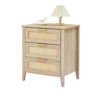 GarveeLife Commode 3 tiroirs Commode Chambre Meuble de Rangement avec Cadre en Bois, chiffonnier en rotin pour Chambre à Coucher, Salon, entrée dim. 55 x 40 x 64 cm, Bois Naturel