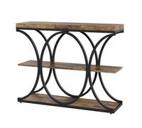 GarveeLife Console d'Entrée à 3 Niveaux, Table d'Appoint avec Plateau Imitation Bois Noyer et Cadre Métallique Noir, Structure Circulaire pour Salon et Hall, 100 x 30 x 80 cm