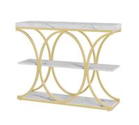 GarveeLife Console d'Entrée en Panneau MDF et Métal Doré, Structure Circulaire avec Plateau Imitation Marbre Blanc, Meuble de Rangement en 1 Carton, pour Entrée et Salon, 100 x 30 x 80 cm