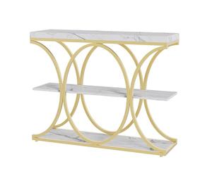 GarveeLife Console d'Entrée en Panneau MDF et Métal Doré, Structure Circulaire avec Plateau Imitation Marbre Blanc, Meuble de Rangement en 1 Carton, pour Entrée et Salon, 100 x 30 x 80 cm