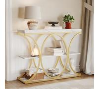 GarveeLife Console étroite 3 Niveaux pour Entrée Ou Salon - Design Moderne Industriel - Structure Métal Doré Robuste - Étagères Ouvertes Effet Marbre Blanc - Gain De Place