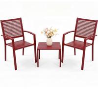 GarveeLife Ensemble Bistro Extérieur Table Métal 2 Chaises Empilables Rouge | Accoudoirs, résistant à la rouille, siège aéré ergonomique, balcon/terrasse/jardin, confort d'assise